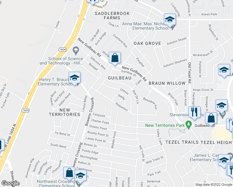 map of restaurants, bars, coffee shops, grocery stores, and more near 9027 Ryelle in San Antonio