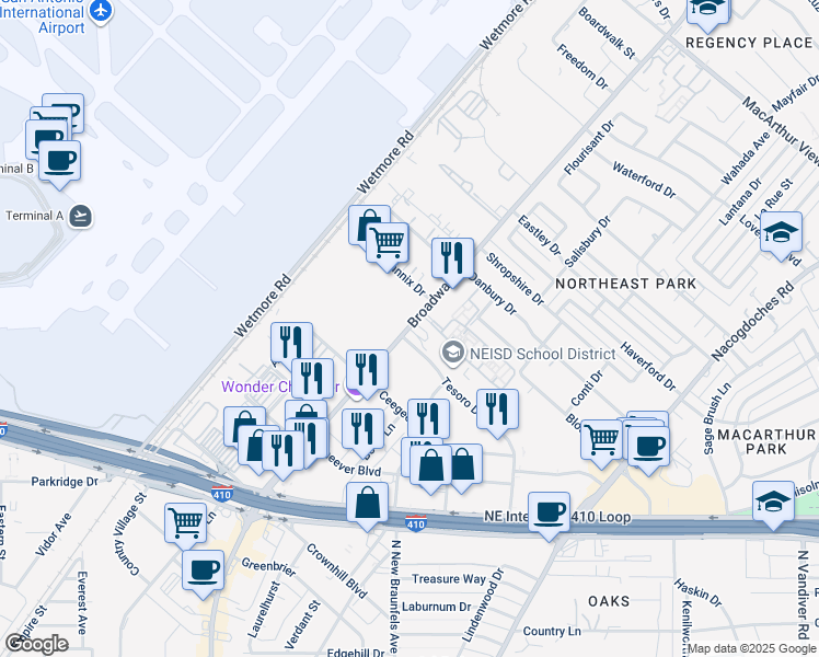 map of restaurants, bars, coffee shops, grocery stores, and more near 9110 Broadway in San Antonio