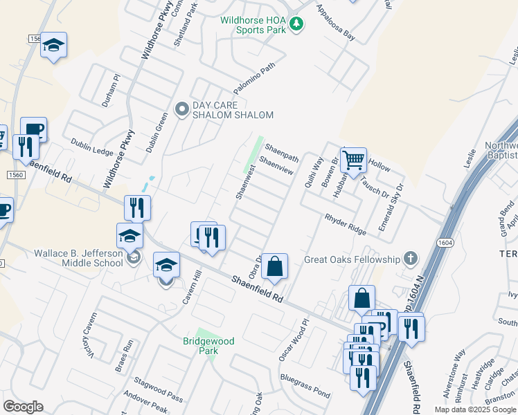 map of restaurants, bars, coffee shops, grocery stores, and more near 10634 Shaencrest in San Antonio