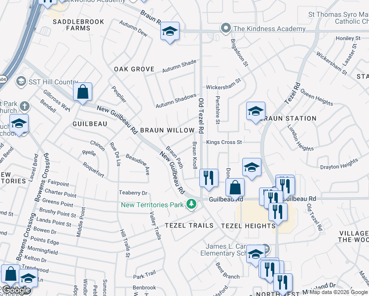 map of restaurants, bars, coffee shops, grocery stores, and more near 9511 Braun Square in San Antonio