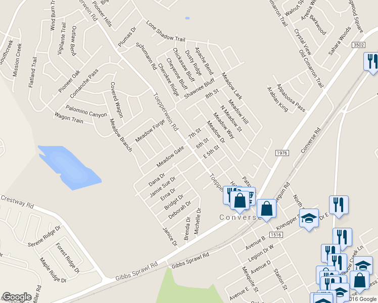 map of restaurants, bars, coffee shops, grocery stores, and more near 701 Toepperwein Road in Converse