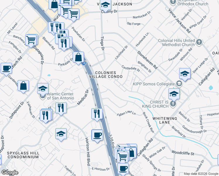 map of restaurants, bars, coffee shops, grocery stores, and more near 3547 Rock Creek Run Street in San Antonio