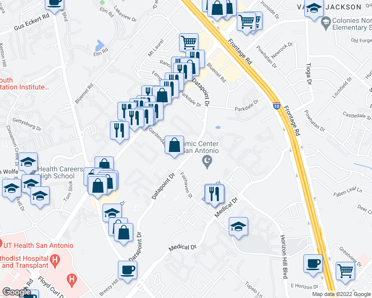 map of restaurants, bars, coffee shops, grocery stores, and more near 8915 Datapoint Drive in San Antonio