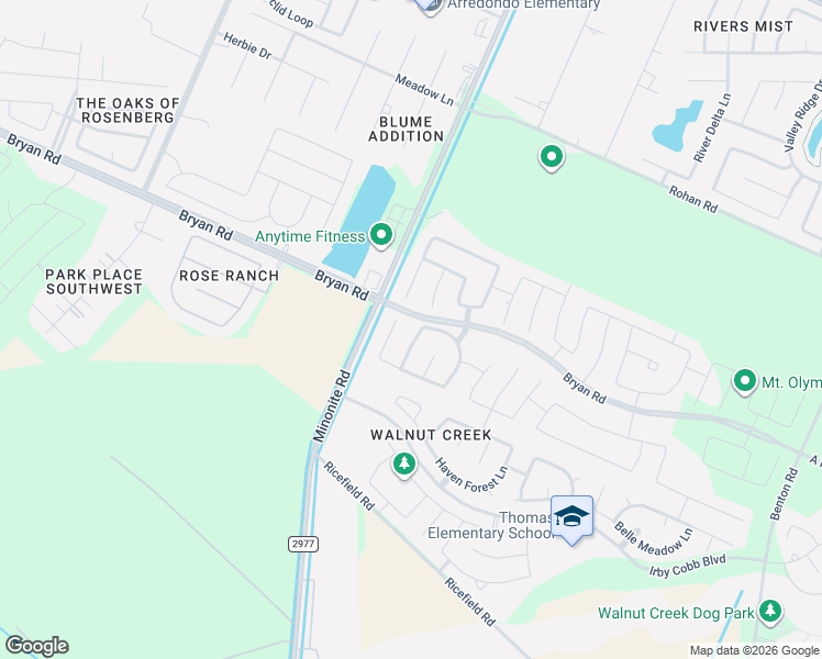 map of restaurants, bars, coffee shops, grocery stores, and more near 1814 Gibbons Creek Drive in Rosenberg
