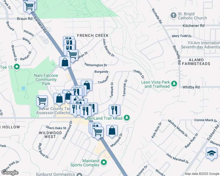 map of restaurants, bars, coffee shops, grocery stores, and more near 8635 Tanbark Drive in San Antonio