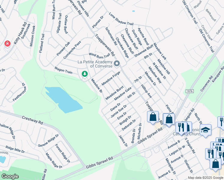 map of restaurants, bars, coffee shops, grocery stores, and more near 807 Meadow Stone in Converse