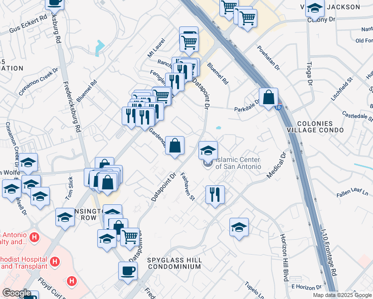 map of restaurants, bars, coffee shops, grocery stores, and more near 8915 Datapoint Drive in San Antonio
