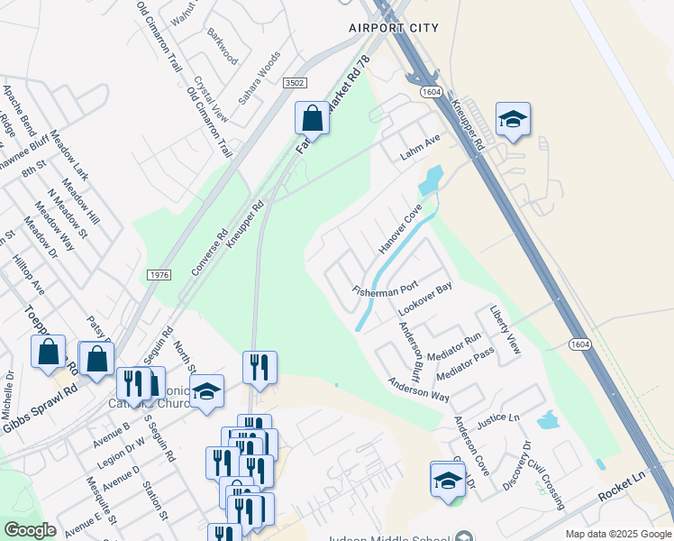 map of restaurants, bars, coffee shops, grocery stores, and more near 9535 Fisherman Port in Converse