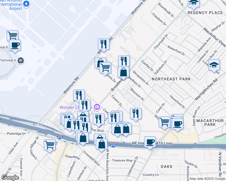 map of restaurants, bars, coffee shops, grocery stores, and more near 900 Broadway in San Antonio