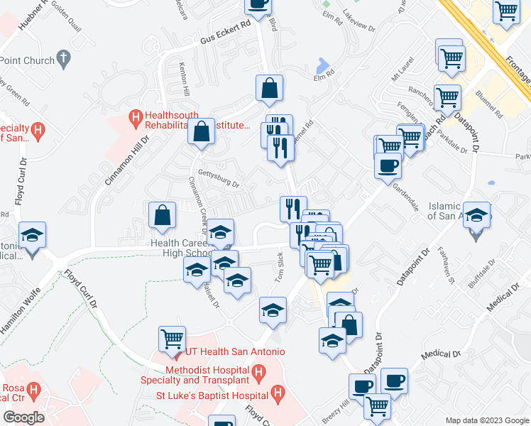 map of restaurants, bars, coffee shops, grocery stores, and more near 4635 Hamilton Wolfe in San Antonio
