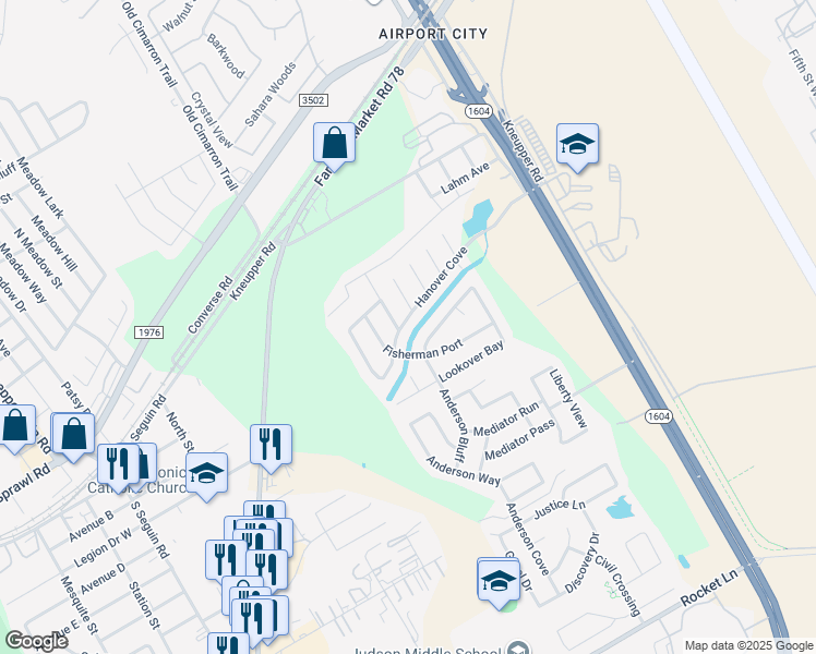 map of restaurants, bars, coffee shops, grocery stores, and more near 9326 Hanover Cove in Converse