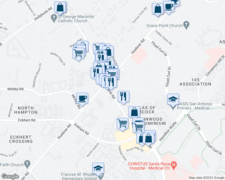 map of restaurants, bars, coffee shops, grocery stores, and more near 5738 Babcock Road in San Antonio