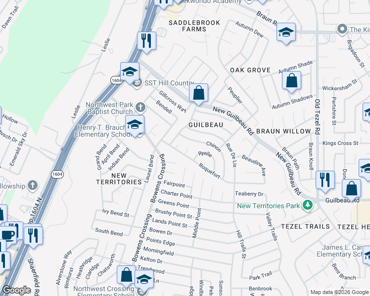 map of restaurants, bars, coffee shops, grocery stores, and more near 9011 Fromage in San Antonio