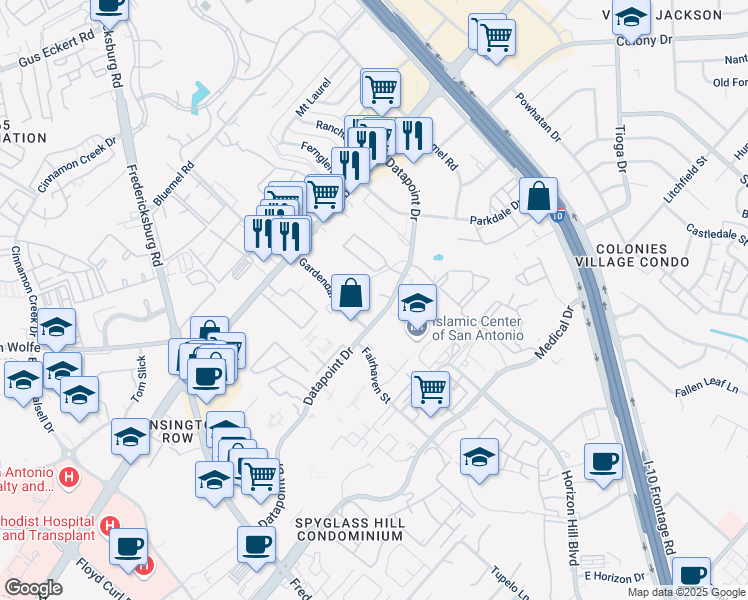map of restaurants, bars, coffee shops, grocery stores, and more near 8915 Datapoint Drive in San Antonio