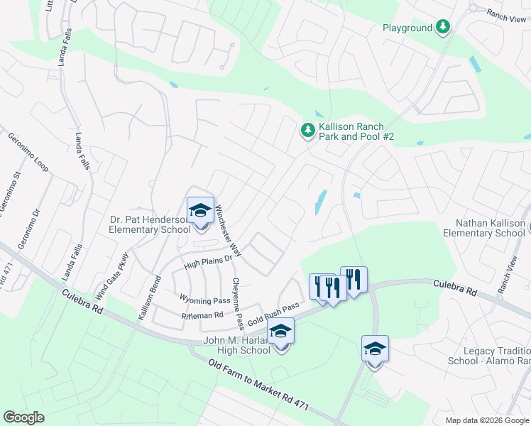 map of restaurants, bars, coffee shops, grocery stores, and more near 8715 Hideout Bend in San Antonio
