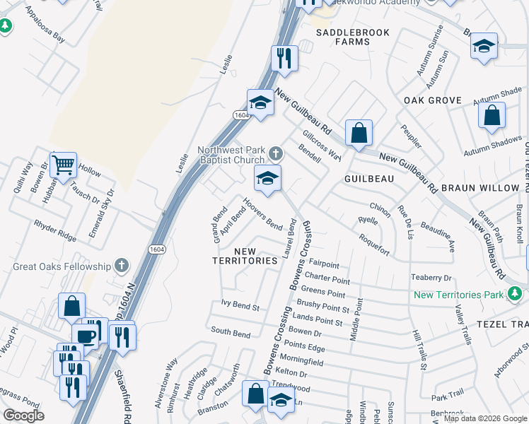map of restaurants, bars, coffee shops, grocery stores, and more near 8112 Hoovers Bend in San Antonio
