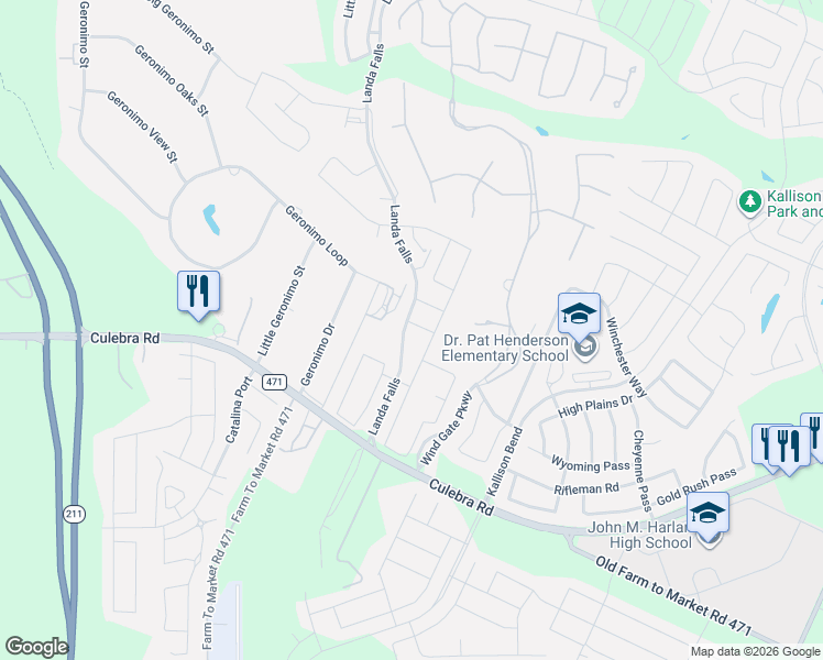 map of restaurants, bars, coffee shops, grocery stores, and more near 14911 Cardigan Wheel in San Antonio