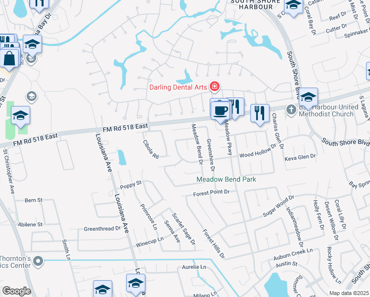 map of restaurants, bars, coffee shops, grocery stores, and more near 119 WoodCrest Drive in League City