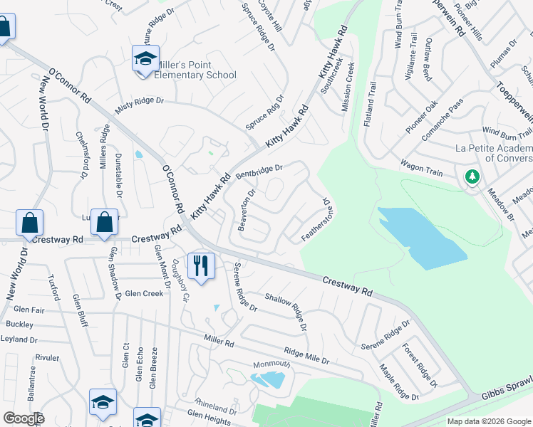 map of restaurants, bars, coffee shops, grocery stores, and more near 247 Bentbridge Drive in Converse