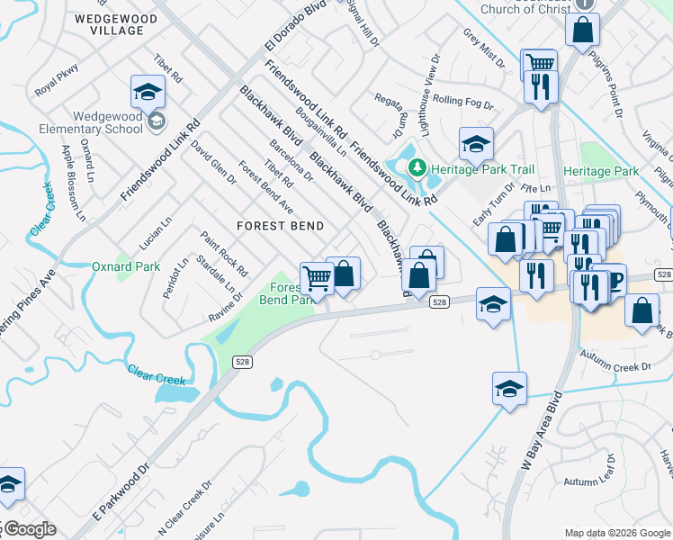 map of restaurants, bars, coffee shops, grocery stores, and more near 3924 Laura Leigh Drive in Friendswood