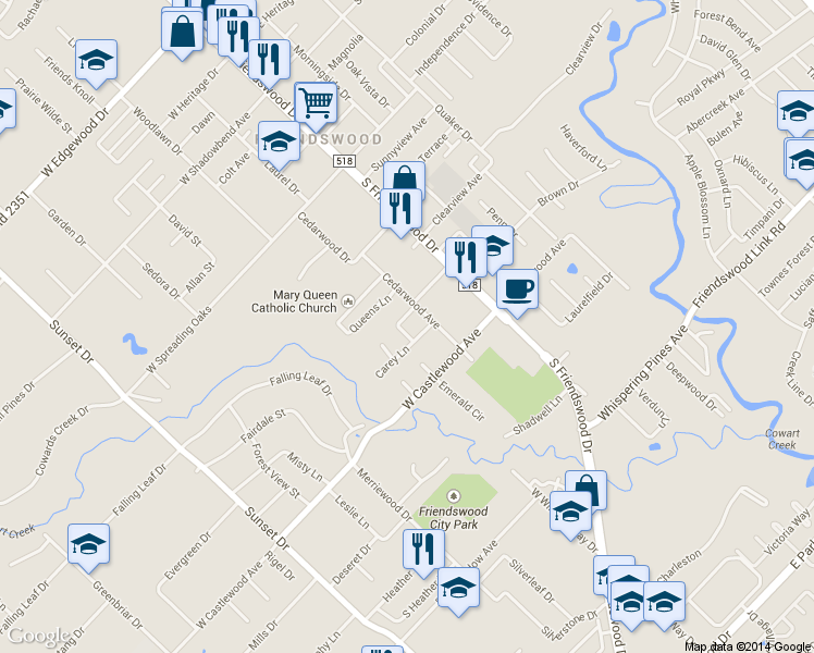 map of restaurants, bars, coffee shops, grocery stores, and more near 207 Ron Circle in Friendswood