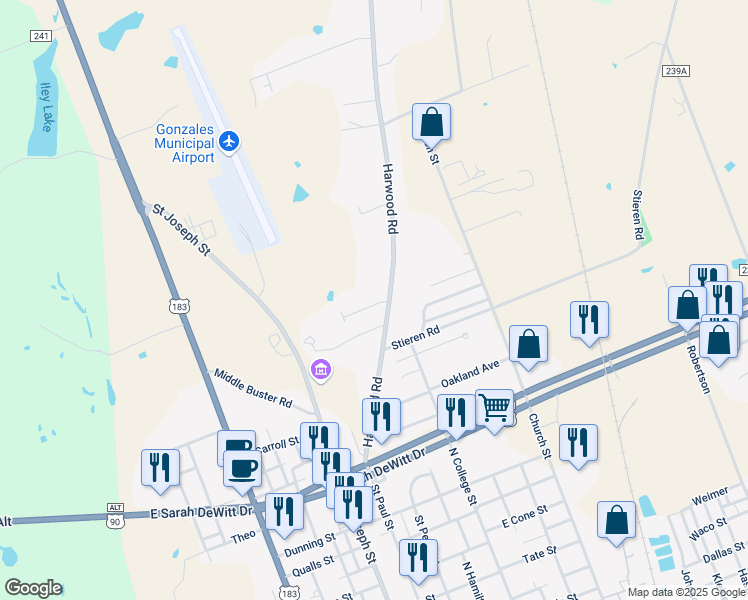 map of restaurants, bars, coffee shops, grocery stores, and more near 641 Guerra Lane in Gonzales