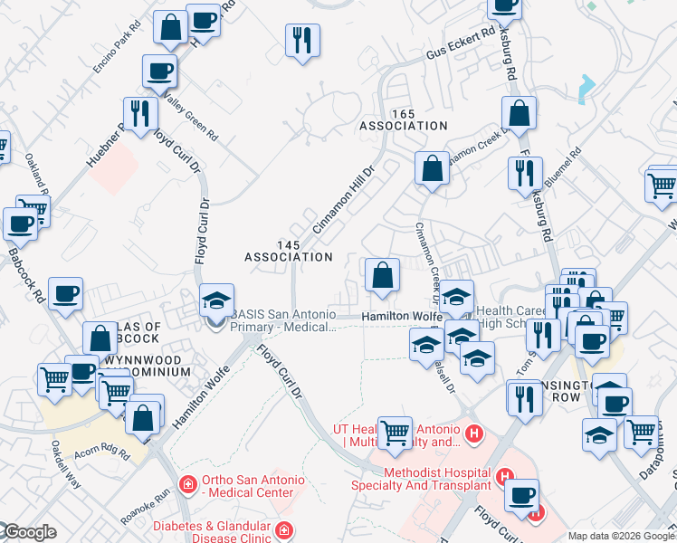 map of restaurants, bars, coffee shops, grocery stores, and more near 5039 Hamilton Wolfe Road in San Antonio