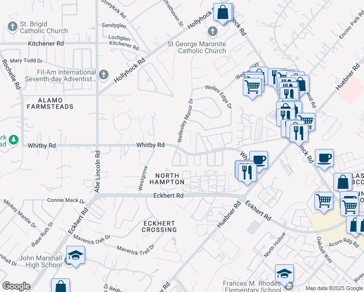 map of restaurants, bars, coffee shops, grocery stores, and more near 8702 Wellesley Manor Drive in San Antonio