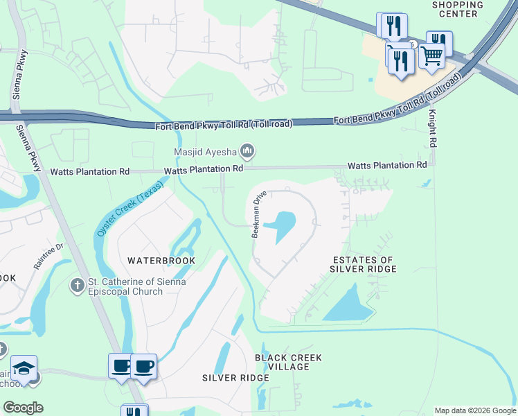 map of restaurants, bars, coffee shops, grocery stores, and more near 5126 Beekman Drive in Missouri City