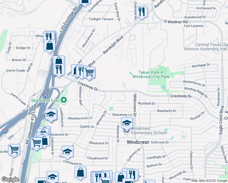 map of restaurants, bars, coffee shops, grocery stores, and more near 325 Westwind Circle in San Antonio