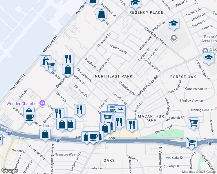 map of restaurants, bars, coffee shops, grocery stores, and more near 307 Haverford Drive in San Antonio