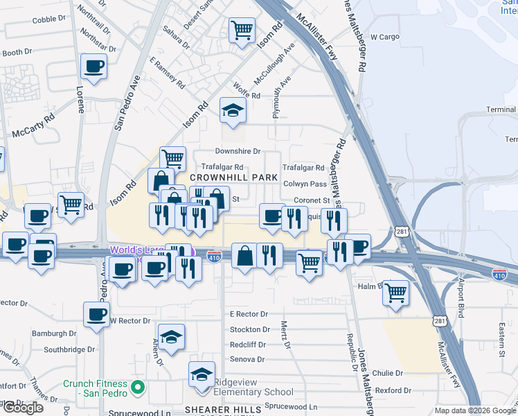 map of restaurants, bars, coffee shops, grocery stores, and more near 407 Marquis Lane in San Antonio