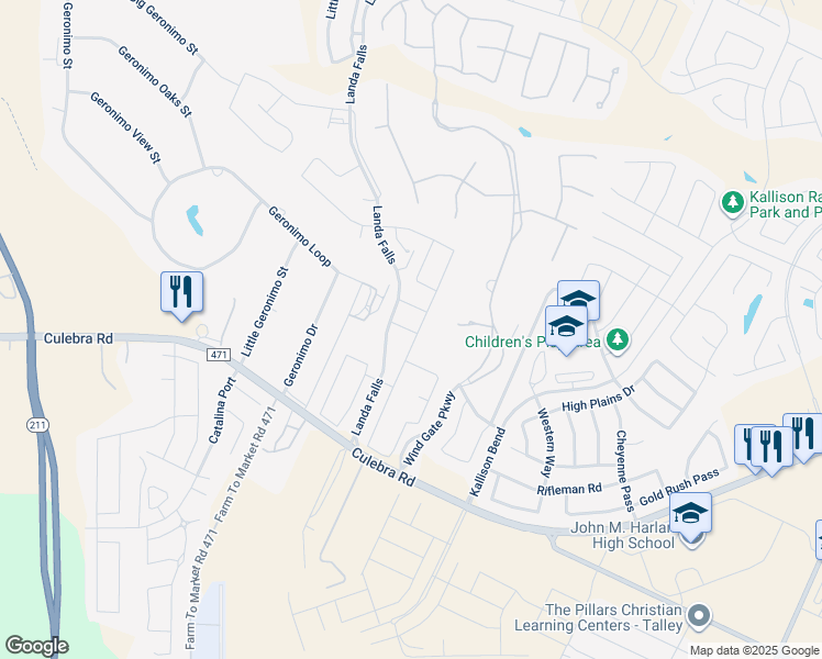 map of restaurants, bars, coffee shops, grocery stores, and more near 14911 Cardigan Wheel in San Antonio