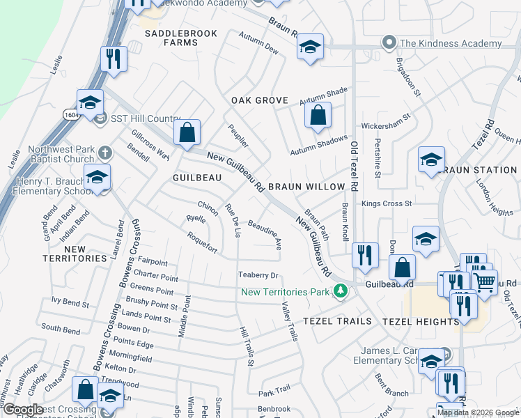 map of restaurants, bars, coffee shops, grocery stores, and more near 9319 Dancove Drive in San Antonio