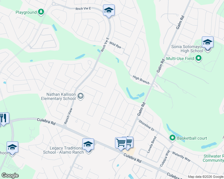 map of restaurants, bars, coffee shops, grocery stores, and more near 8543 Angelina Parke in San Antonio