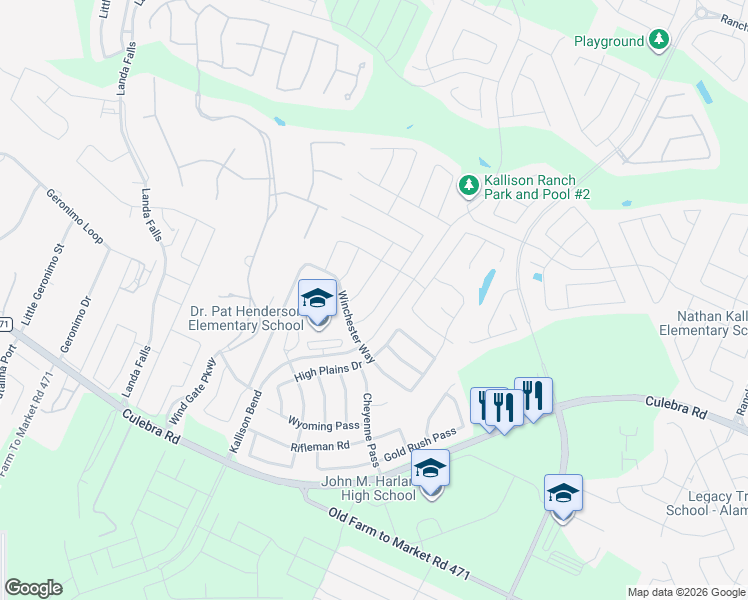 map of restaurants, bars, coffee shops, grocery stores, and more near 14439 Palomino Place in San Antonio
