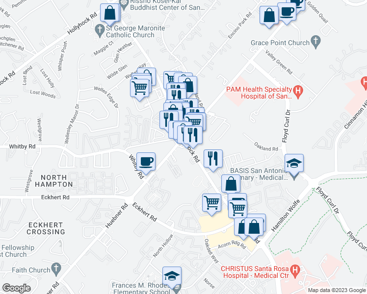 map of restaurants, bars, coffee shops, grocery stores, and more near 5738 Babcock Road in San Antonio