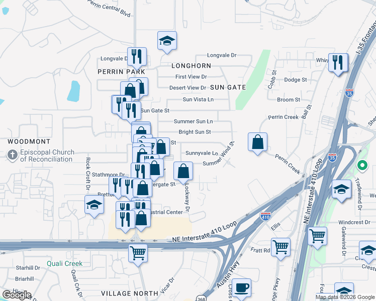 map of restaurants, bars, coffee shops, grocery stores, and more near 4347 Sunnyvale Lane in San Antonio