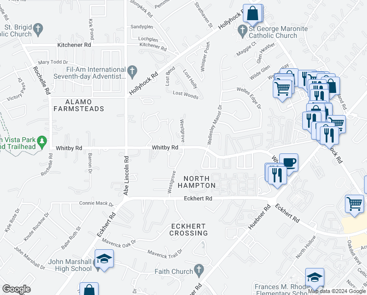 map of restaurants, bars, coffee shops, grocery stores, and more near Whitby Road in San Antonio