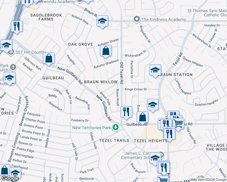 map of restaurants, bars, coffee shops, grocery stores, and more near 9511 Braun Square in San Antonio