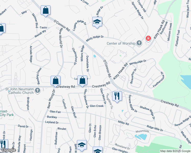 map of restaurants, bars, coffee shops, grocery stores, and more near 7106 Texas Ridge Drive in San Antonio