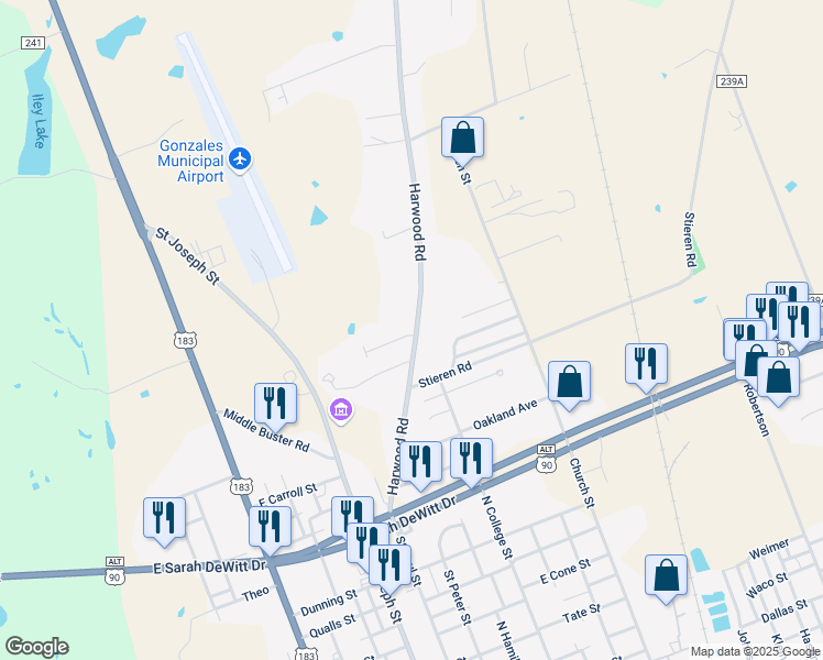 map of restaurants, bars, coffee shops, grocery stores, and more near 641 Guerra Lane in Gonzales