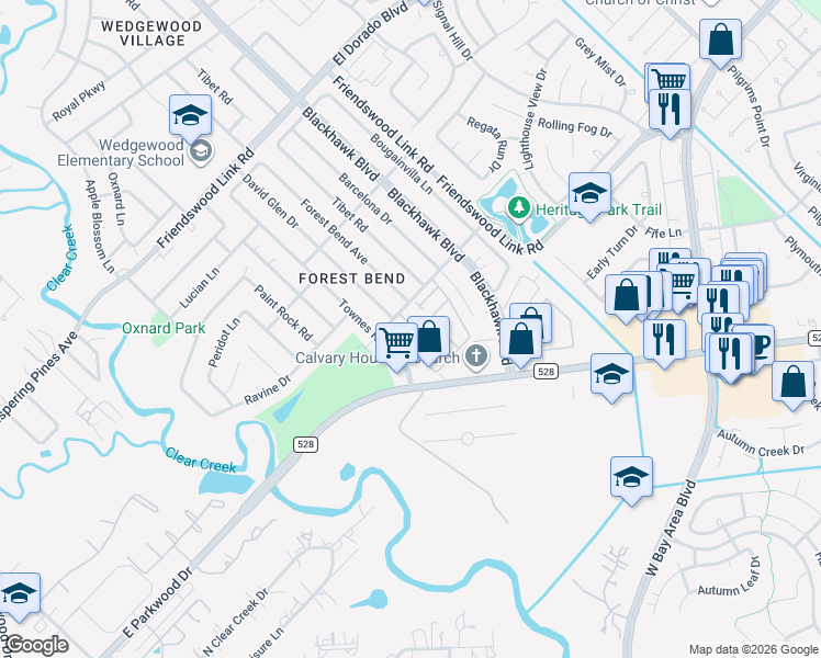 map of restaurants, bars, coffee shops, grocery stores, and more near 3924 Laura Leigh Dr in Friendswood