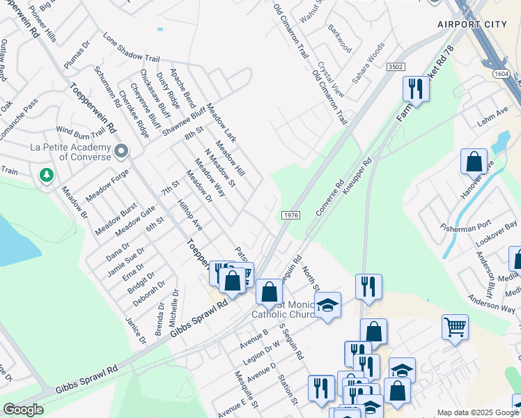map of restaurants, bars, coffee shops, grocery stores, and more near 8810 Wild Meadows in Converse