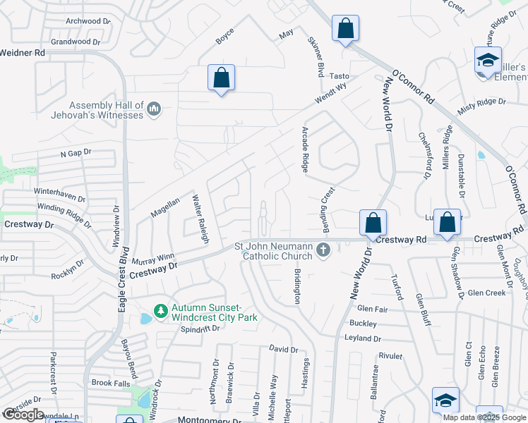 map of restaurants, bars, coffee shops, grocery stores, and more near 6517 Crestway Drive in San Antonio