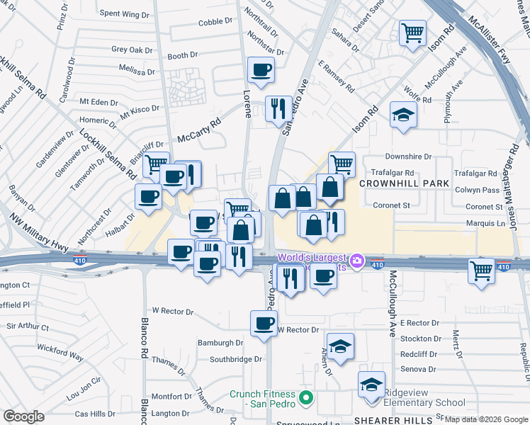 map of restaurants, bars, coffee shops, grocery stores, and more near 11501 Lockhill Selma Road in San Antonio