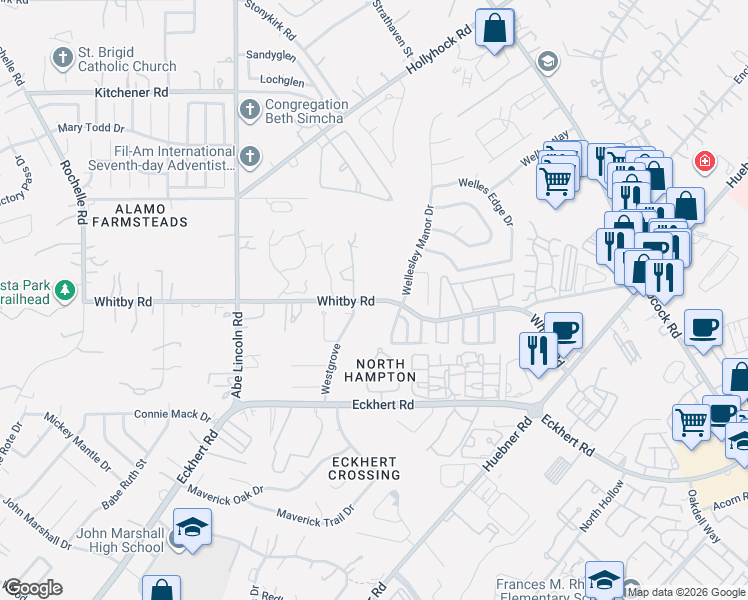 map of restaurants, bars, coffee shops, grocery stores, and more near 6355 Whitby Rd in San Antonio