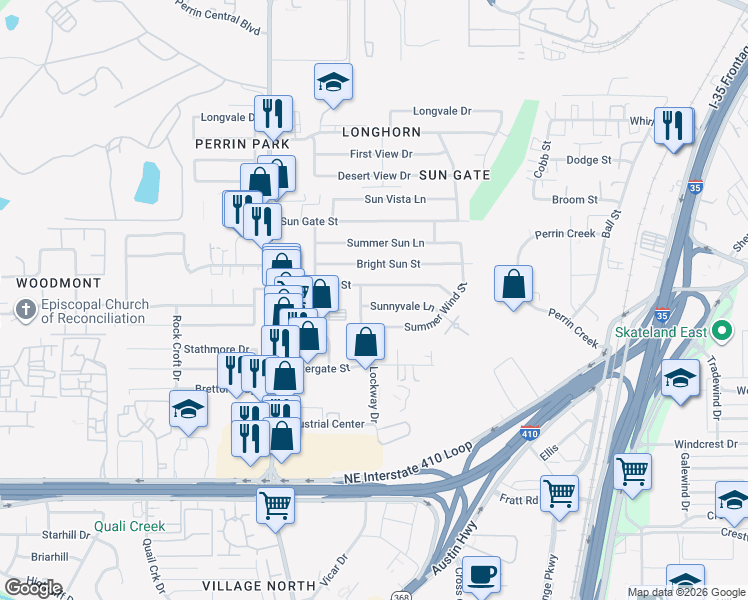 map of restaurants, bars, coffee shops, grocery stores, and more near 4347 Sunnyvale Lane in San Antonio