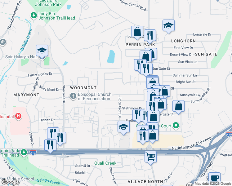 map of restaurants, bars, coffee shops, grocery stores, and more near 4103 Barrington Street in San Antonio