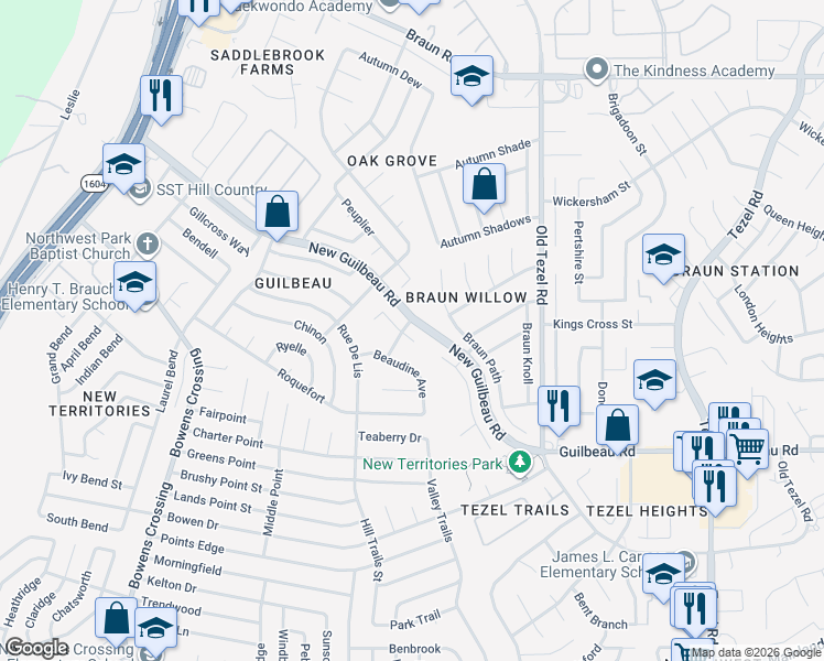 map of restaurants, bars, coffee shops, grocery stores, and more near 9319 Dancove Drive in San Antonio